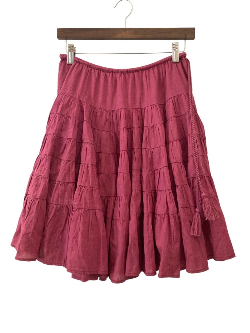 Free People Tassel Tiered Cotton flare Skirt Berry Red Maroon mini midi
